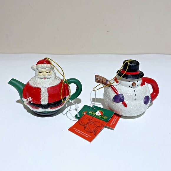 Vintage Kurt Adler Ornaments Santa Claus Snowman Tea Pot Glitter Set of 2 NWT - Picture 1 of 15